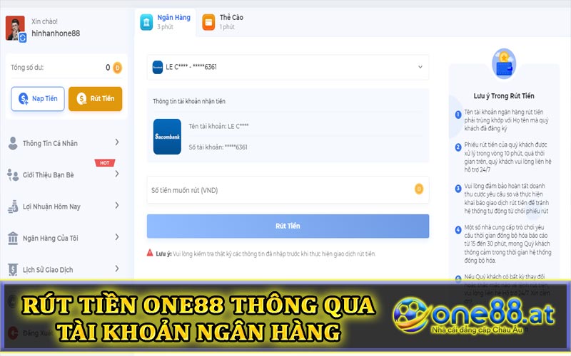 Rút tiền One88 thông qua tài khoản ngân hàng