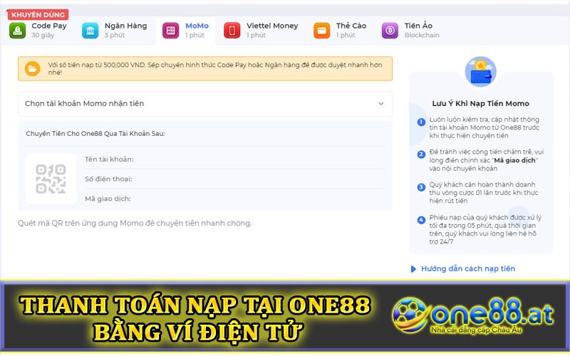 Thanh toán nạp tiền tại One88 bằng Ví điện tử